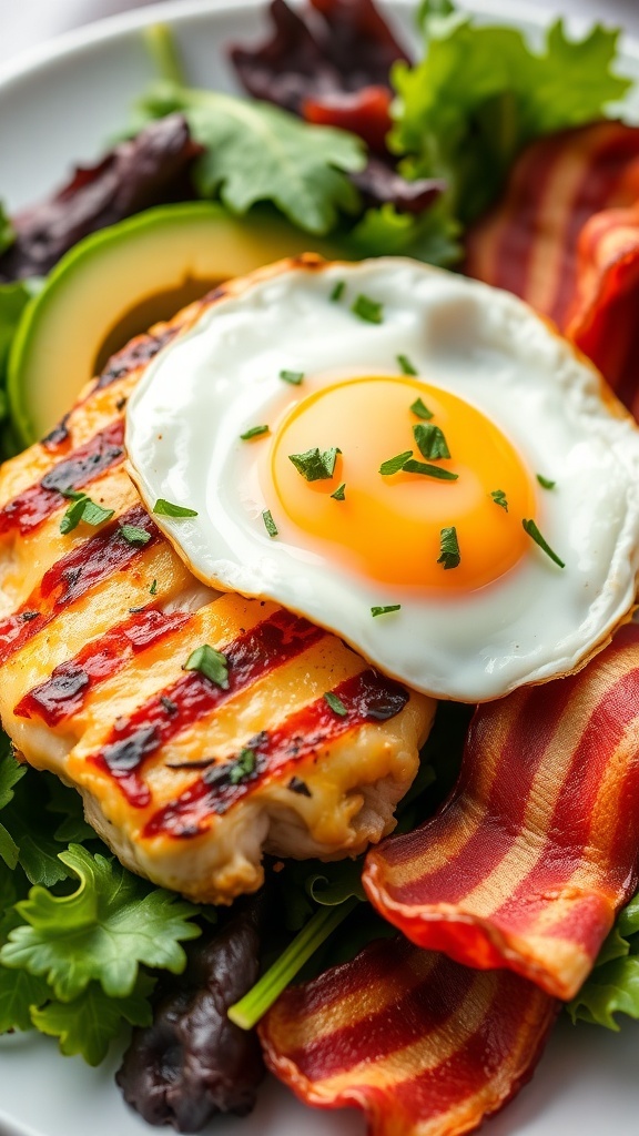 A plate with grilled chicken, bacon, and egg alongside a fresh salad.